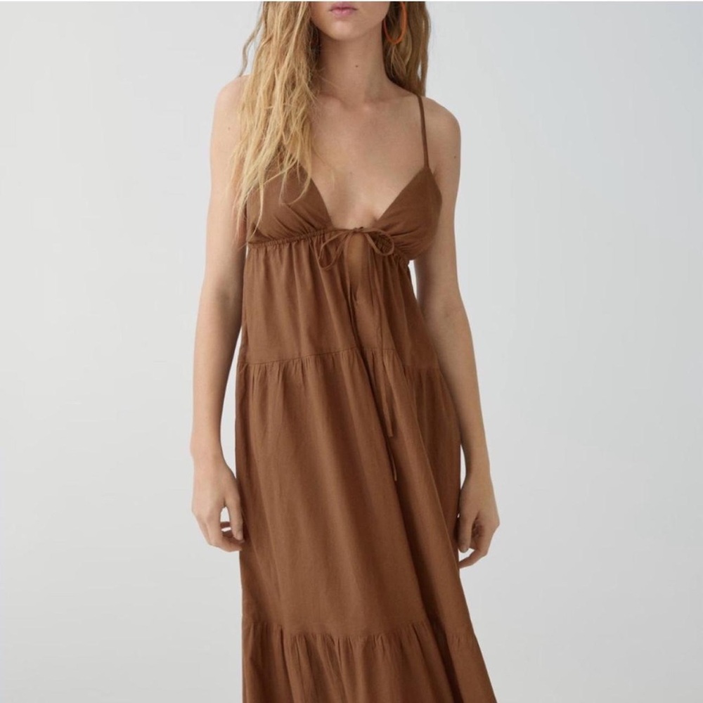 Mango NWT 100% Cotton Brown Tiered Maxi Dress Size M